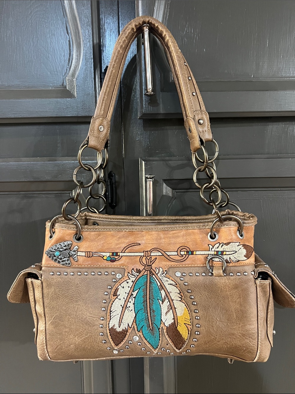 Concealed Carry Brown Feather-Accent Shoulder Bag with Stud Detail